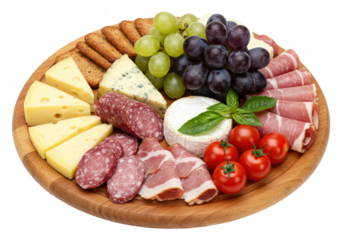 A wooden platter filled with cheese, grapes, crackers, tomatoes, and cured meats for a snack on transparent background