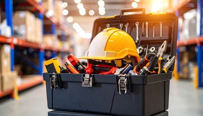 A black toolbox filled with assorted tools and a yellow hard hat, positioned within a warehouse setting