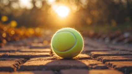 Bright yellow tennis ball rests on cracked pavement with golden sunset backlight