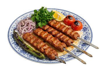 Close up of four kebab skewers with grilled tomatoes and peppers on a decorative plate food presentation on transparent background