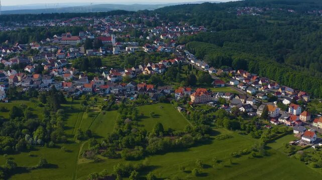 Aerial view around the city Bexbach in Germany on a sunny spring day.