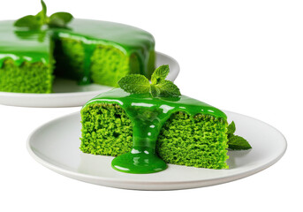 A vibrant green matcha cake with a slice cut out, topped with a glossy glaze and fresh mint leaves on plates on transparent background