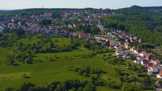 Aerial view around the city Bexbach in Germany on a sunny spring day.