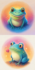 Obraz premium Colorful cartoon frogs smiling with hearts and bright backgrounds 
