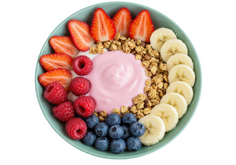 Aerial view of a colorful breakfast bowl with yogurt granola and fresh mixed berries and banana slices on transparent background