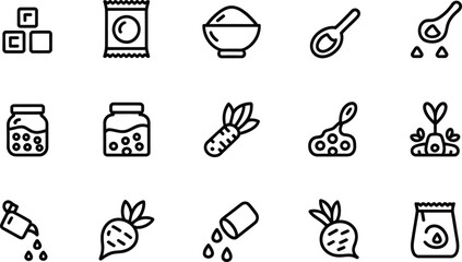Set of hand drawn icons representing gardening and farming concepts