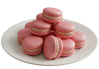 A pile of pink macarons stacked on a white plate with cream filling delicious dessert sweets treats on transparent background