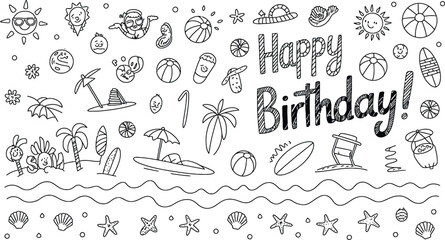 Happy birthday beach theme doodle art with summer icons