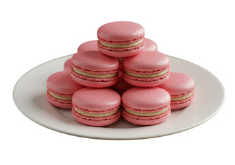 A stack of pink macarons with cream filling on a white plate ready to be served and enjoyed on transparent background