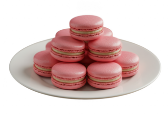 A stack of pink macarons with cream filling on a white plate ready to be served and enjoyed on transparent background