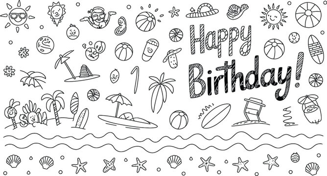 Happy birthday beach theme doodle art with summer icons