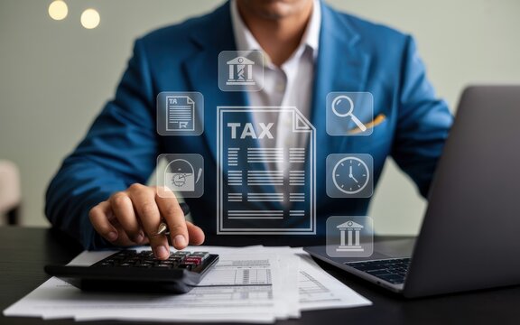 Professional businessman working on tax preparation and financial accounting with a modern digital interface