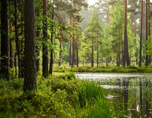 Obraz premium Lush forest beside a tranquil pond