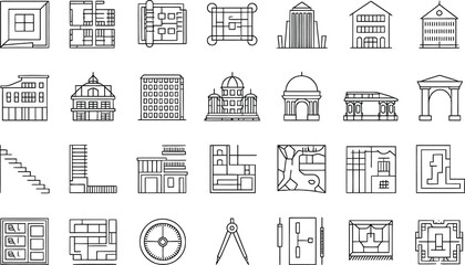 Collection of architectural drawings and building elevations in black and white