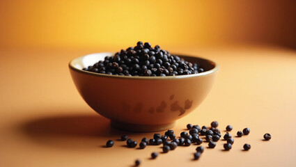 peppercorns in a bowl and some scattered on the floor