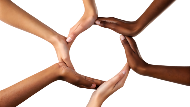 conceptual symbol of multiracial human hands makin isolated on white background, png, ai generated.
