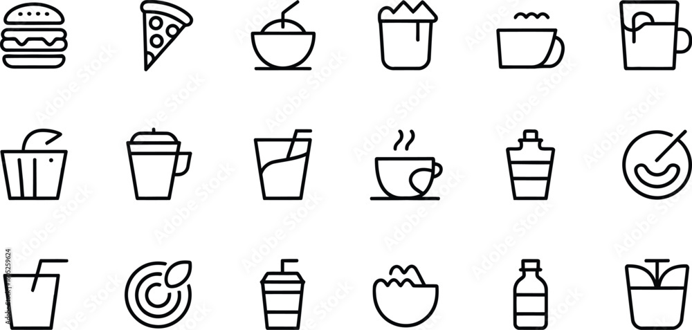 Poster collection of simple line art icons representing various food and drink items