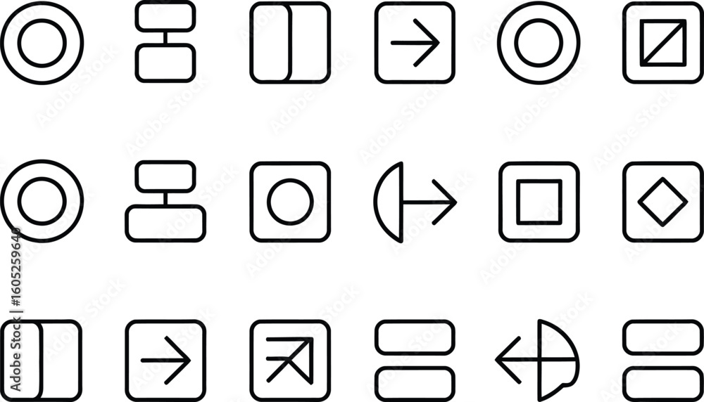 Poster collection of simple geometric icons and symbols in a line art style