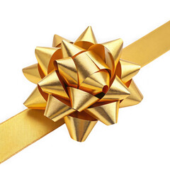 Luxurious metallic gold ribbon bow with textured petals isolated on transparent background