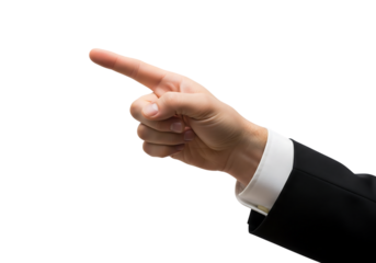 Businessman's arm in a black suit pointing with the index finger. Isolated on transparent background, png