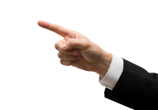 Businessman's arm in a black suit pointing with the index finger. Isolated on transparent background, png
