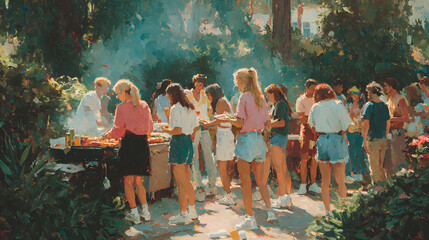 A community cookout with people grilling food, sharing recipes, and enjoying each other’s company in a relaxed, social environment.