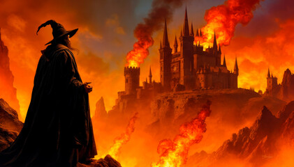 A wizard in a black robe looks at a burning castle, flames and smoke floating in the fire