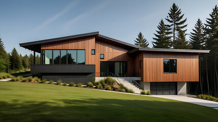 Modern Mid-Century House with Wood Paneling and Large Windows in Forest Setting