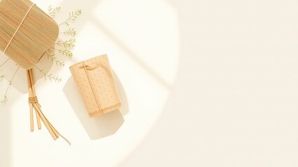 Minimalist flat lay featuring a gift box, decorative fan, and delicate greenery on a neutral backdrop with soft natural light