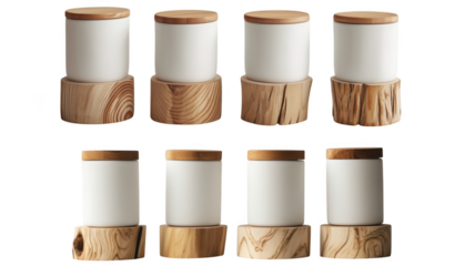 Eight cylindrical white candles with wooden bases and brown tops isolated on transparent background