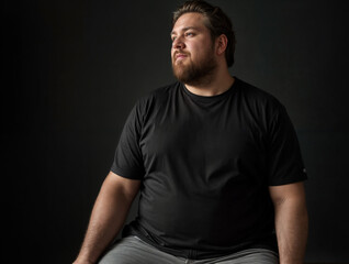 A stylish individual in black t-shirt and gray pants sits casually against dark background. Perfect for modern fashion lookbooks and minimalist portraits.
