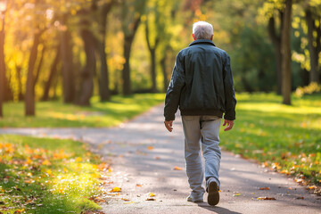 Fototapeta premium Older man walking briskly in park