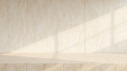 Minimalist interior scene with sunlight streaming onto a neutral beige wall and platform, casting shadows to enhance the textured background