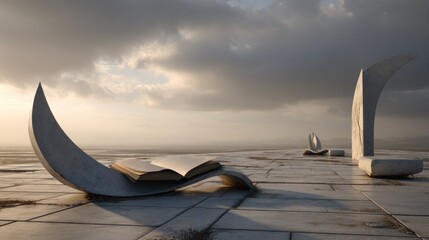 Open book on stone benches, sunrise