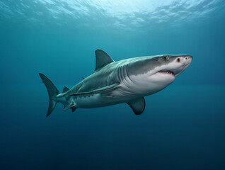 Powerful shark swims with open mouth revealing sharp teeth, its muscular body and white underbelly visible in the blue underwater environment. Great for marine life content and ocean documentaries