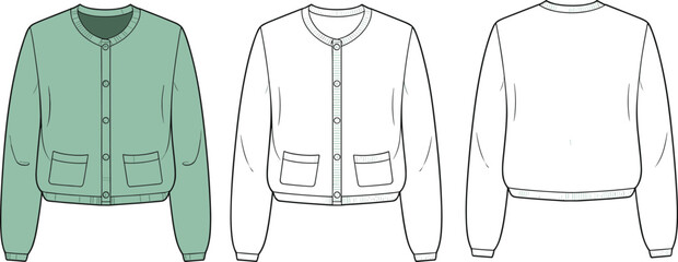 Women's Cropped Cardigan Fashion Flat Sketch Template, Round Neck Button-Front Knitwear, Long Sleeve Apparel Design, Technical Drawing Illustration, Casual Top. © Hasan Creatives