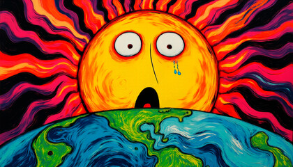 Excited sun looking at earth shocked, very surprised and worried
