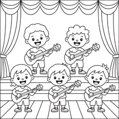 Five happy children playing guitars on stage music band