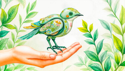 robot bird on a girl s hand. ecology and environmental protection concept
