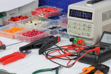 Electrical installation tools and materials for the assembly of electrical equipment. Soft focus....