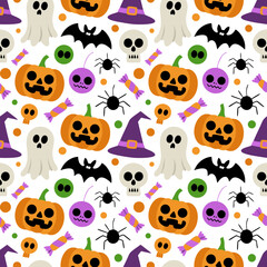 Colorful Halloween pattern with pumpkins, ghosts, bats, and skulls for festive decoration or creative projects