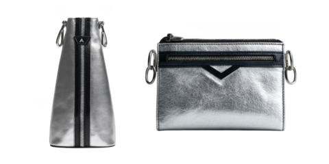 Two stylish silver metallic fashion accessories a vertical clutch and a small pouch isolated on transparent background
