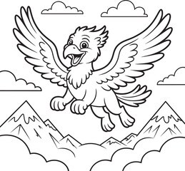 Happy cartoon griffin flying over mountains and clouds mythical creature