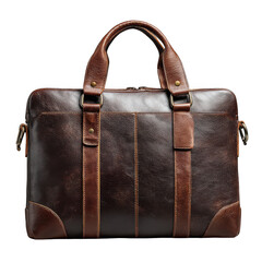 Stylish brown leather briefcase with textured finish and adjustable shoulder strap isolated on transparent background