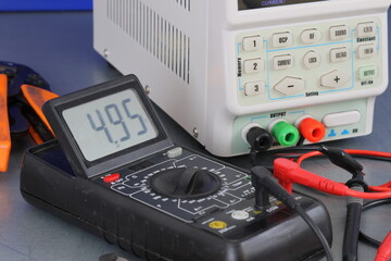 Electrical installation tools and materials for the assembly of electrical equipment. Soft focus. Close-up.