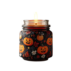 Spooky candle jar with pumpkin pattern and flickering flame 
