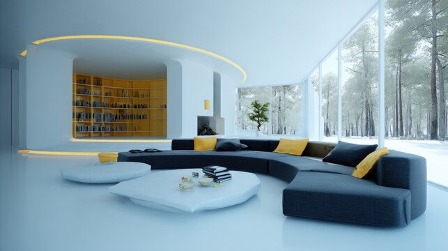 Modern living room with a curved sectional sofa and snow-covered window view.
