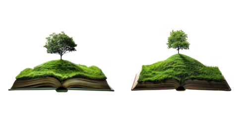 Two open books with mossy hills and trees growing from them isolated on transparent background