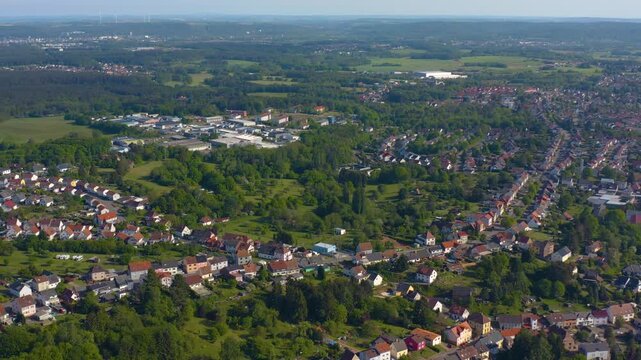 Aerial view around the city Bexbach in Germany on a sunny spring day.