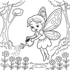Happy fairy watering flowers in a garden vector